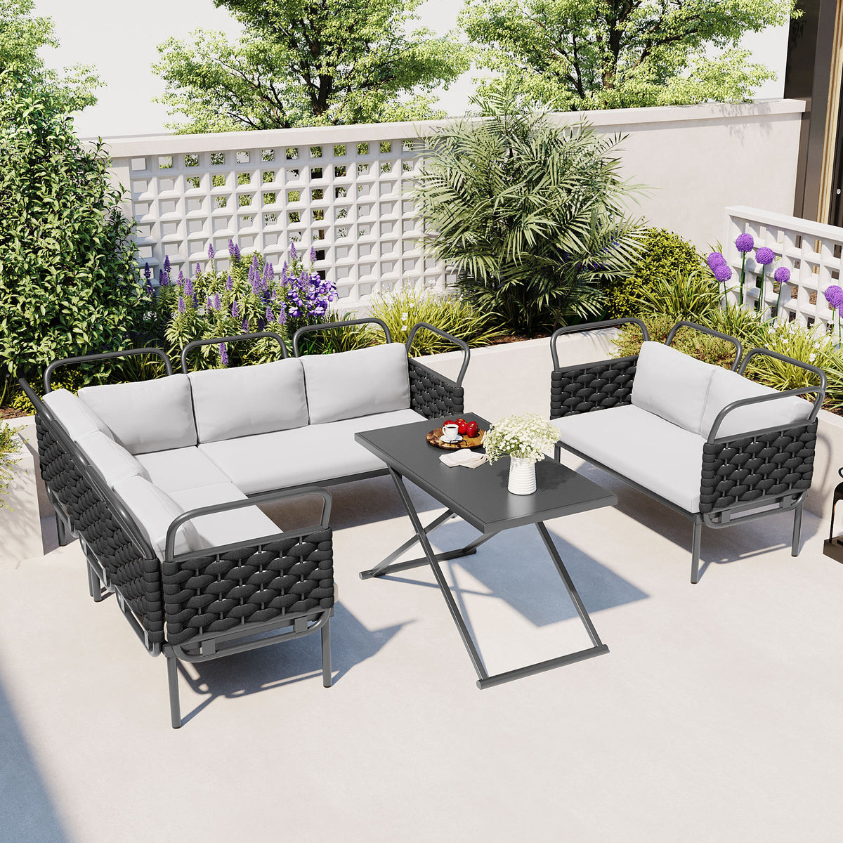 5-Piece Modern Patio Sectional Sofa Set Outdoor Woven Rope Furniture Set with Glass Table and Cushions, Black+Gray