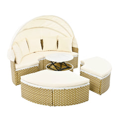 Outdoor Sectional Sofa Set Rattan Daybed with Retractable Canopy, Separate Seating and Cushion, Beige