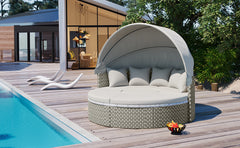 Outdoor Sectional Sofa Set Rattan Daybed Two-Tone Weave Sunbed with Retractable Canopy, Separate Seating and Removable Cushion, Gray