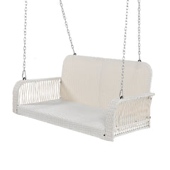 PE Wicker Porch Swing, 2-Seater Hanging Bench With Chains, Cushion