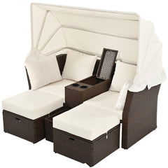 2-Seater Outdoor Double Daybed Patio Loveseat Sofa Set with Foldable Awning and Cushions, Beige