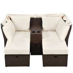 2-Seater Outdoor Double Daybed Patio Loveseat Sofa Set with Foldable Awning and Cushions, Beige