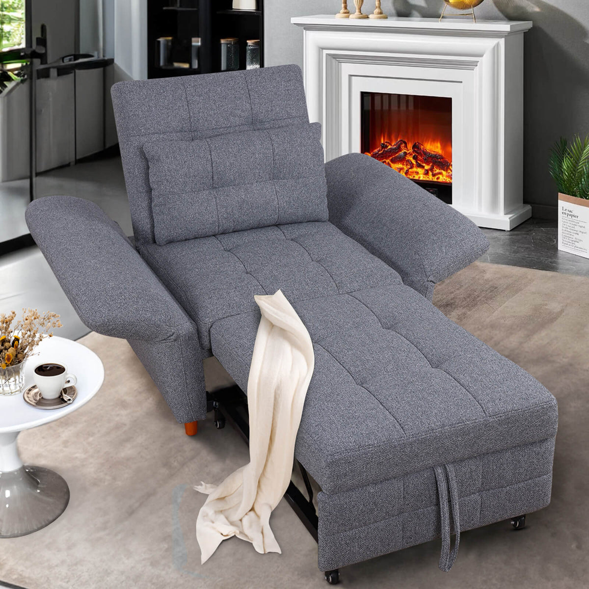 3-in-1 Sleeper Sofa Chair Bed w/ Adjustable Armrests, 3 Level Adjustable Backrest, Wood Legs & Pillow, Light Gray