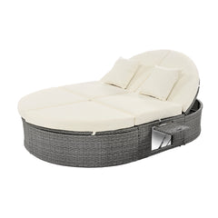 Outdoor Sun Bed Patio 2-Person Daybed with Cushions and Pillows, Rattan Reclining Chaise Lounge with Adjustable Backrests and Foldable Cup Trays, Beige