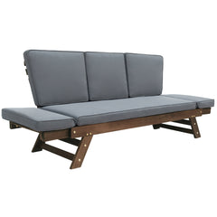 Outdoor Adjustable Patio Wooden Daybed Sofa Chaise Lounge with Cushions, Brown Finish+Gray Cushion