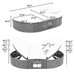 Outdoor Sun Bed Patio 2-Person Daybed with Cushions and Pillows, Rattan Reclining Chaise Lounge with Adjustable Backrests and Foldable Cup Trays, Beige