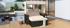 2-Piece Outdoor Rattan Bench Lounge Set, with Canopy, UV Protection Fabric & Waterproof Cushions and Adjustable Backrest