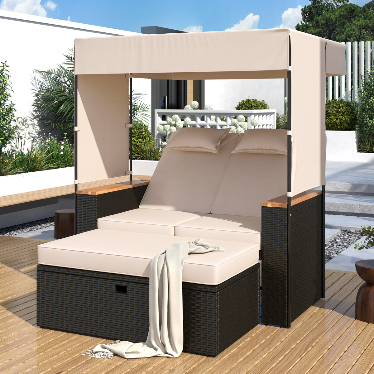 2-Piece Outdoor Rattan Bench Lounge Set, with Canopy, UV Protection Fabric & Waterproof Cushions and Adjustable Backrest