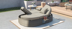 2-Person Daybed with Cushions and Pillows, Rattan Garden Reclining Chaise Lounge with Adjustable Backrests and Foldable Cup Trays, Gray