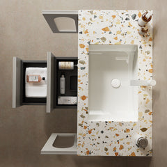 BAY 36" Bathroom Vanity with Sink, Modern Wall-Mounted Floating Plywood Bathroom Storage Cabinet with 2 Drawers and 2 Doors, Terrazzo Counter Top and White Ceramic Basin with Sink Hole Cover and Drain