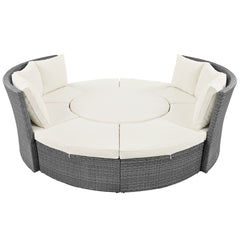 5-Piece Round Rattan Sectional Sofa Set All-Weather Sunbed Daybed with Round Liftable Table and Cushions, Beige