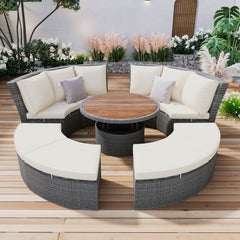 5-Piece Round Rattan Sectional Sofa Set All-Weather Sunbed Daybed with Round Liftable Table and Cushions, Beige