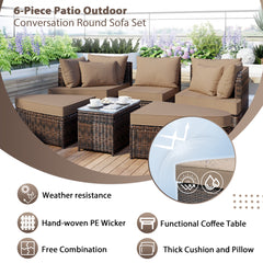 6-Piece Patio Outdoor Conversation Round Sofa Set, PE Wicker Rattan Separate Seating Group with Coffee Table, Brown