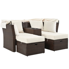 2-Seater Outdoor Double Daybed Patio Loveseat Sofa Set with Foldable Awning and Cushions, Beige