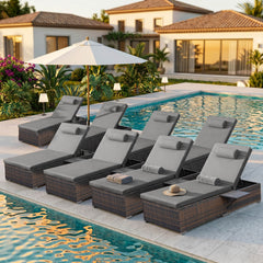 8 Pcs Patio Chaise Lounge Chairs w/ 6 Reclining Positions, Wheels & Small Pillow, Gray Cushion