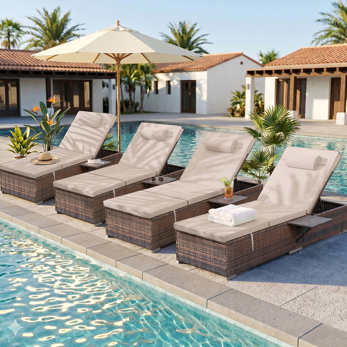 4 Pcs Patio Chaise Lounge Chairs w/ 6 Reclining Positions, Wheels & Small Pillow, Khaki Cushion