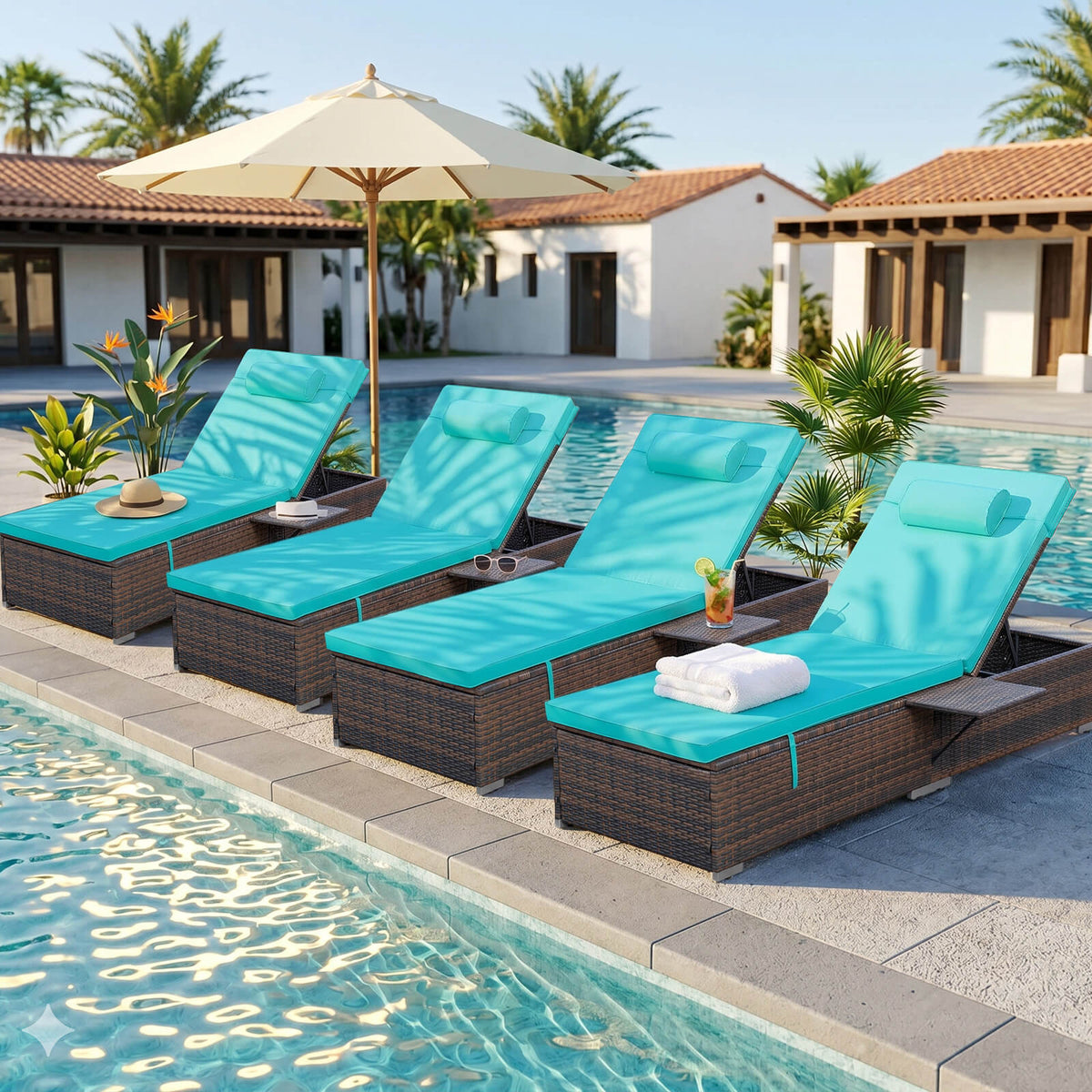 4 Pcs Patio Chaise Lounge Chairs w/ 6 Reclining Positions, Wheels & Small Pillow, Blue Cushion
