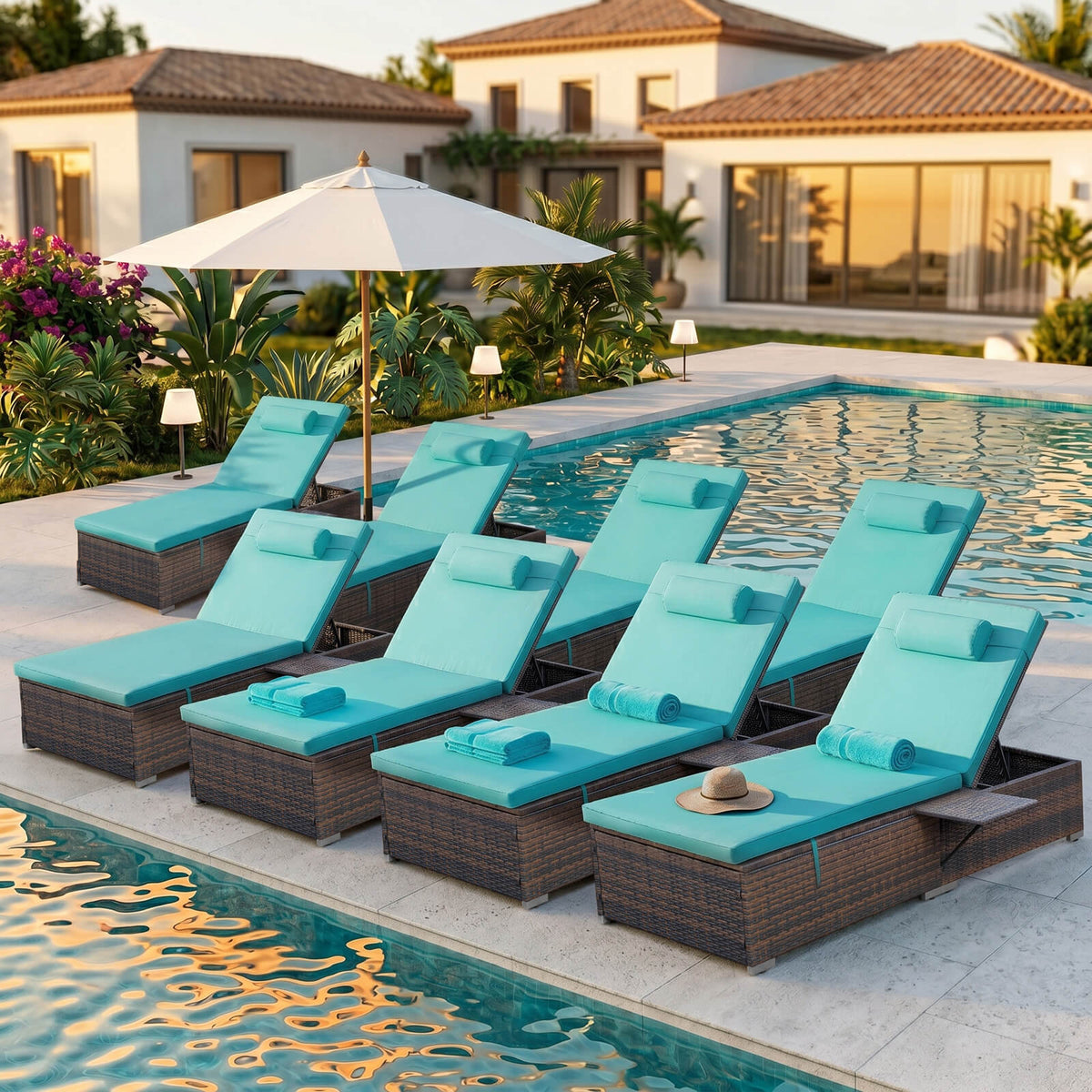 8 Pcs Patio Chaise Lounge Chairs w/ 6 Reclining Positions, Wheels & Small Pillow, Blue Cushion