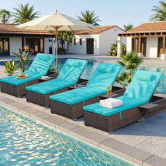 4 Pcs Patio Chaise Lounge Chairs w/ 6 Reclining Positions, Wheels & Small Pillow, Blue Cushion