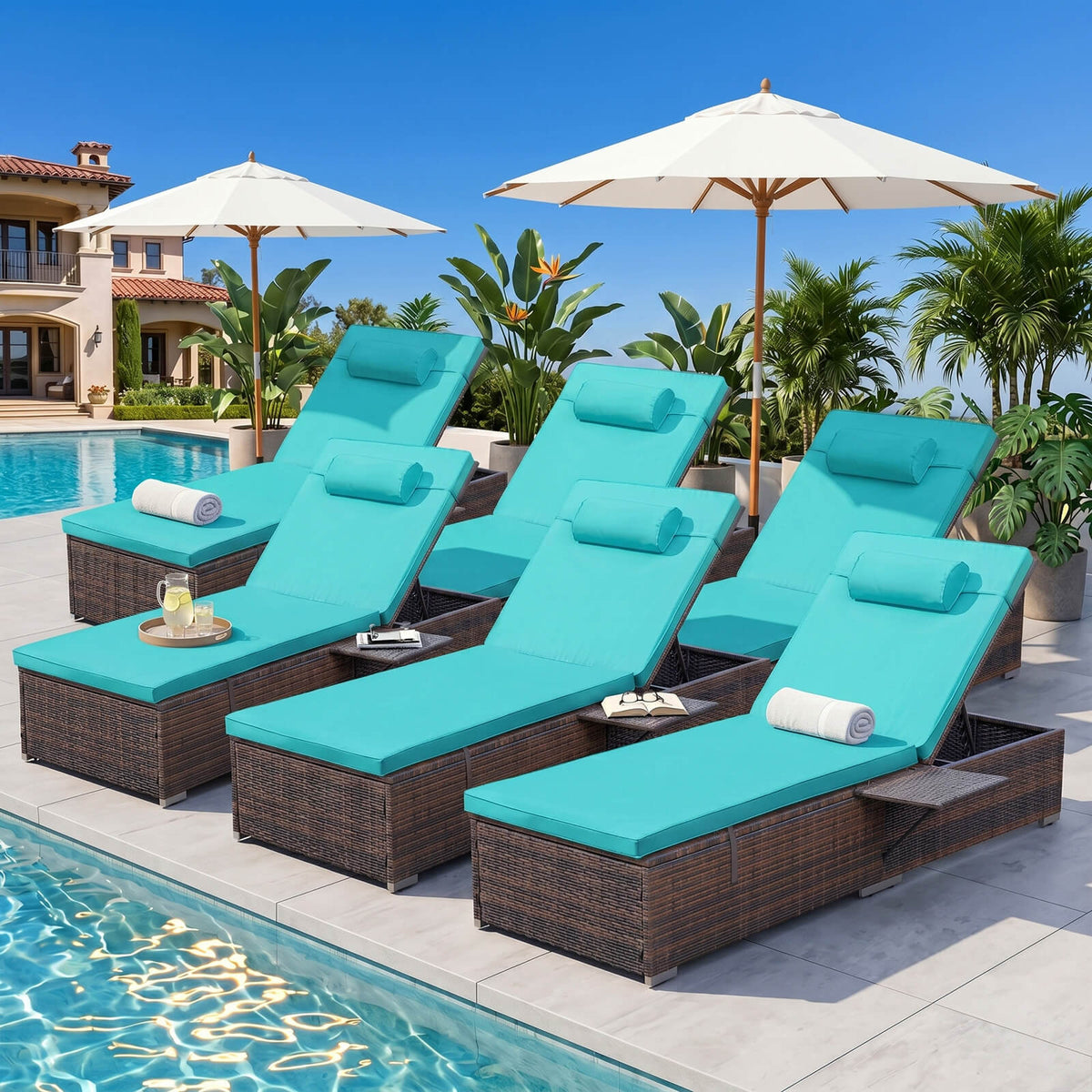 6 Pcs Patio Chaise Lounge Chairs w/ 6 Reclining Positions, Wheels & Small Pillow, Blue Cushion