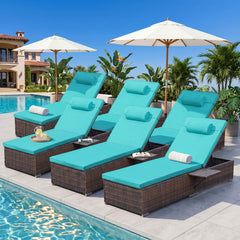 6 Pcs Patio Chaise Lounge Chairs w/ 6 Reclining Positions, Wheels & Small Pillow, Blue Cushion