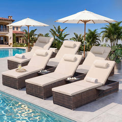 6 Pcs Patio Chaise Lounge Chairs w/ 6 Reclining Positions, Wheels & Small Pillow, Khaki Cushion