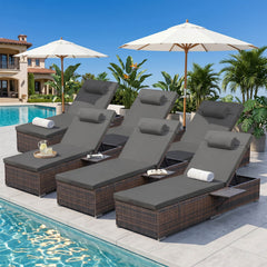 6 Pcs Patio Chaise Lounge Chairs w/ 6 Reclining Positions, Wheels & Small Pillow, Gray Cushion