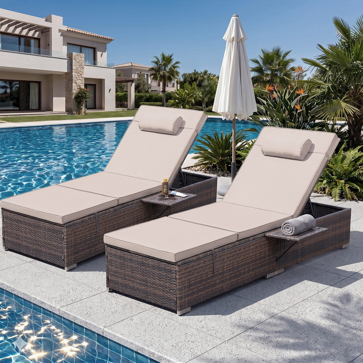 2 Pcs Patio Chaise Lounge Chairs w/ 6 Reclining Positions, Wheels & Small Pillow, Khaki Cushion