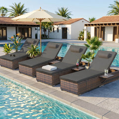4 Pcs Patio Chaise Lounge Chairs w/ 6 Reclining Positions, Wheels & Small Pillow, Gray Cushion