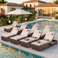 8 Pcs Patio Chaise Lounge Chairs w/ 6 Reclining Positions, Wheels & Small Pillow, Khaki Cushion