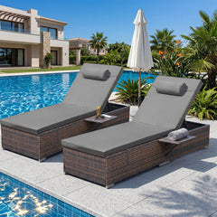 2 Pcs Patio Chaise Lounge Chairs w/ 6 Reclining Positions, Wheels & Small Pillow, Gray Cushion