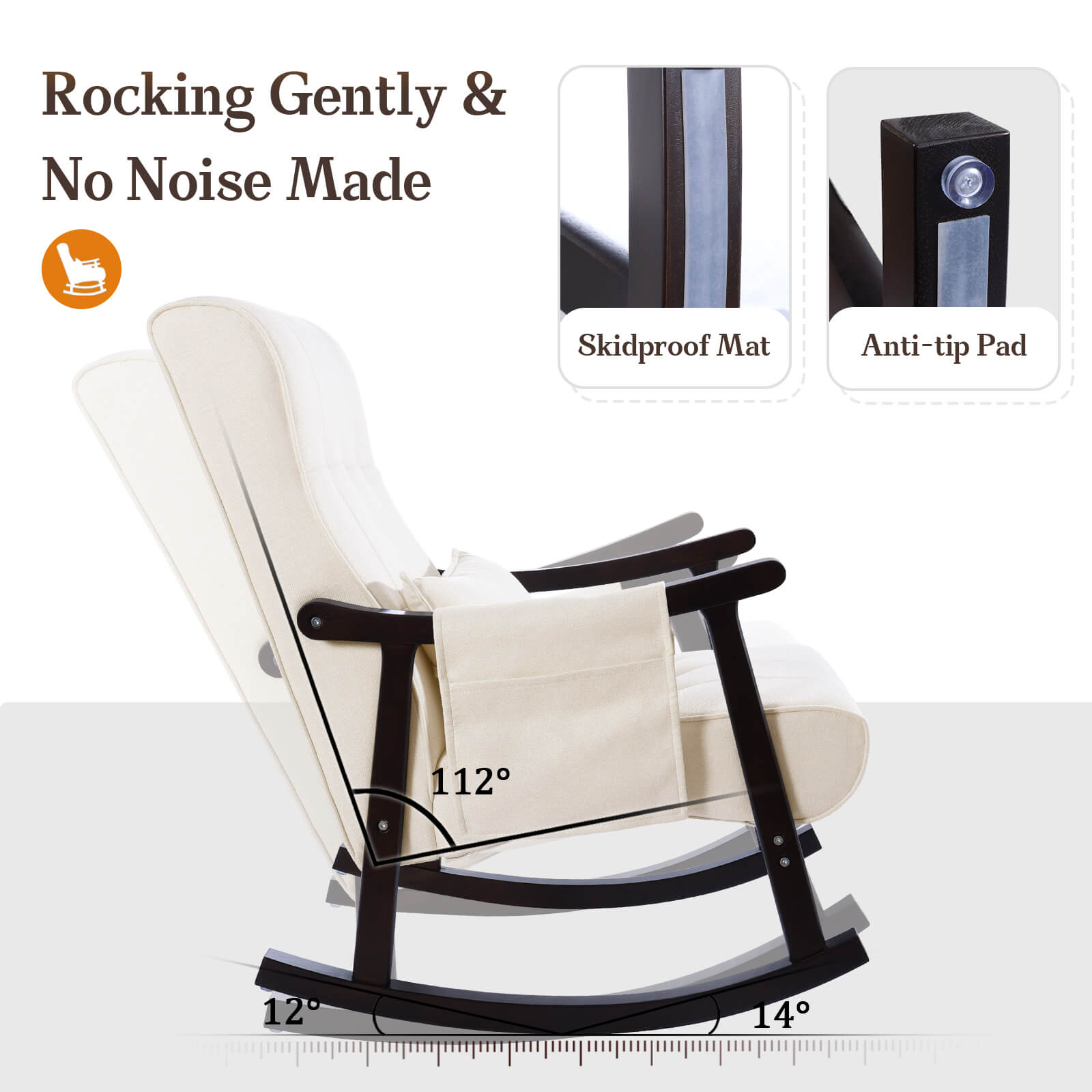 Upholstered Nursery Rocking Chair with Ottoman, Mid-Century Rocker with Pillow, Storage Bag