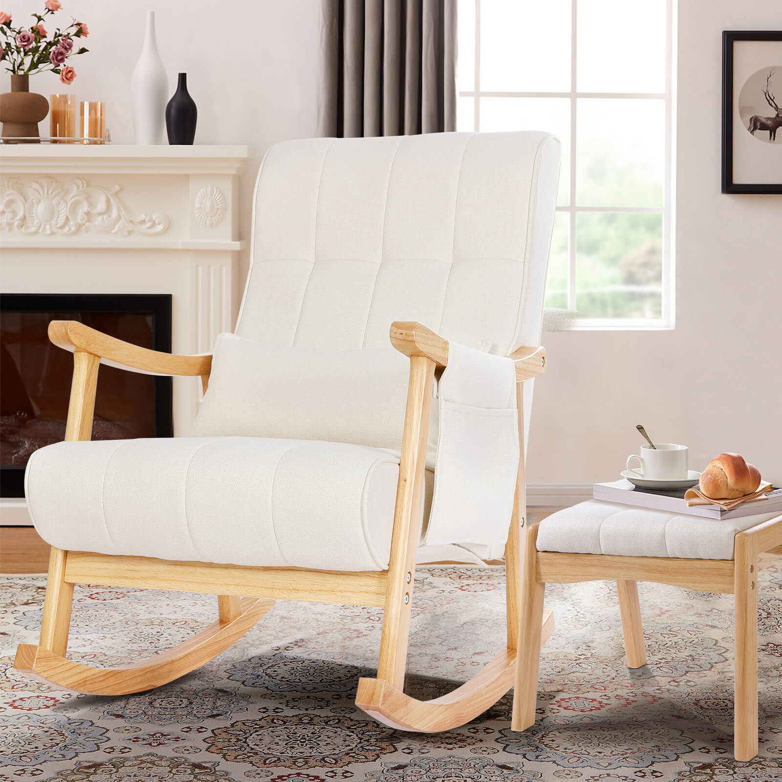 Mid-Century Upholstered Rocking Chair Ottoman Set with Detachable Storage Bag & Pillow
