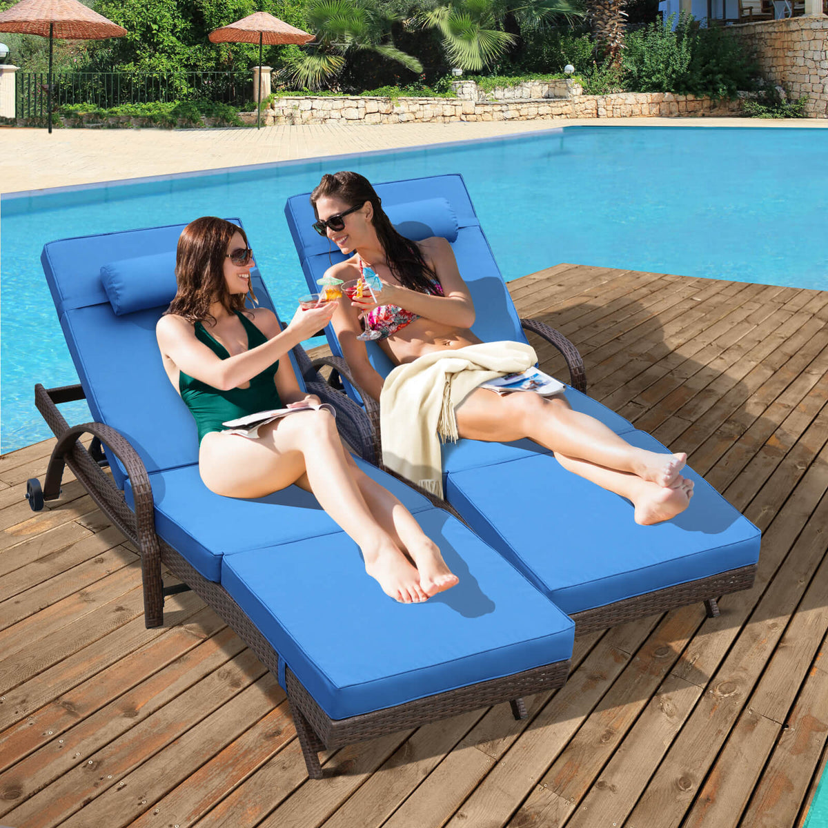 2 Pcs Patio Chaise Lounge Chairs Poolside Lounger w/ 6 Reclining Positions & Wheels, Blue Cushion