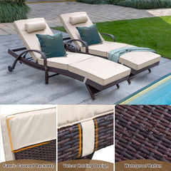 2Pcs Patio Chaise Lounge Chairs Poolside Lounger w/ 6 Reclining Positions & Wheels, Light Grey Cushion