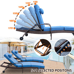 2 Pcs Patio Chaise Lounge Chairs Poolside Lounger w/ 6 Reclining Positions & Wheels, Blue Cushion