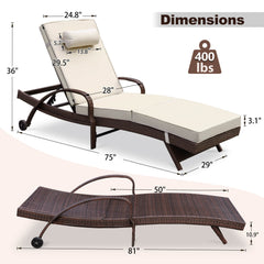 2Pcs Patio Chaise Lounge Chairs Poolside Lounger w/ 6 Reclining Positions & Wheels, Light Grey Cushion