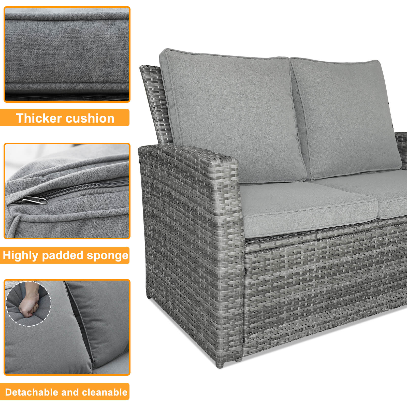 6 Pcs Patio Wicker Sofa Chair Set w/ 2 Ottomans, Cushions & 4 Throw Pillows