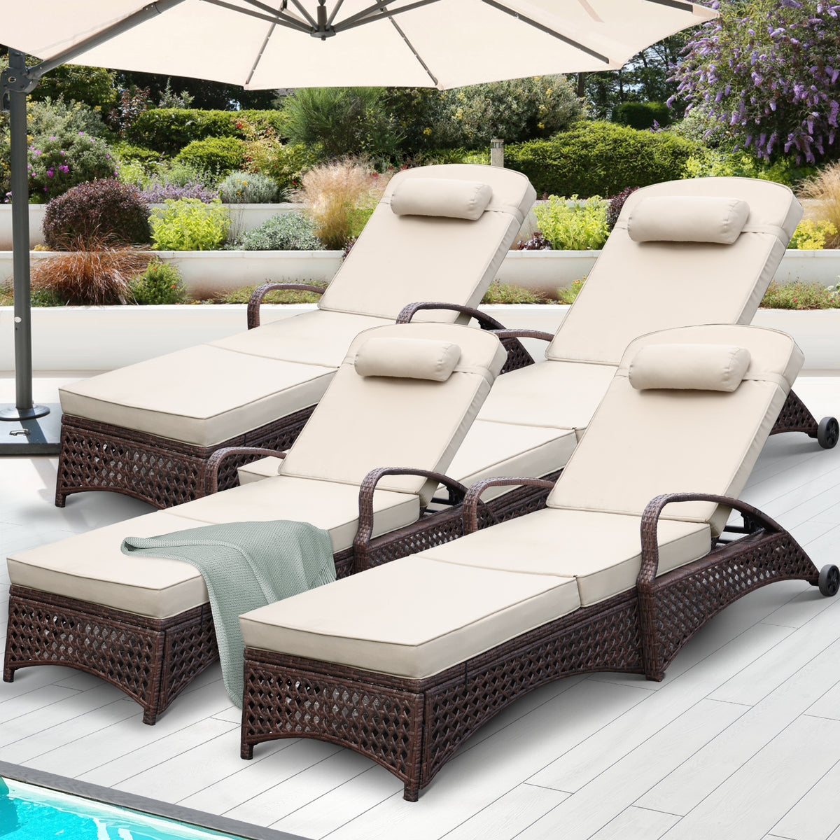 4 Pcs Patio Chaise Lounge Chairs w/ 6 Reclining Positions,Wheels & Small Pillow, Khaki Cushion