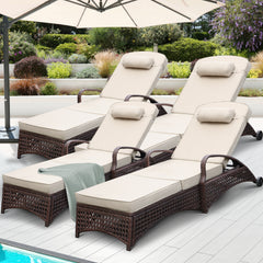 4 Pcs Patio Chaise Lounge Chairs w/ 6 Reclining Positions,Wheels & Small Pillow, Khaki Cushion