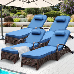 4 Pcs Patio Chaise Lounge Chairs w/ 6 Reclining Positions, Wheels & Small Pillow, Blue Cushion