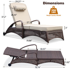 2 Pcs Patio Chaise Lounge Chairs w/ 6 Reclining Positions, 2 Wheels & 1 Small Pillow, Khaki Cushion