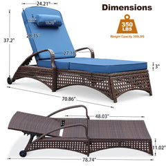 2 Pcs Patio Chaise Lounge Chairs w/ 6 Reclining Positions, 2 Wheels & 1 Small Pillow, Blue Cushion