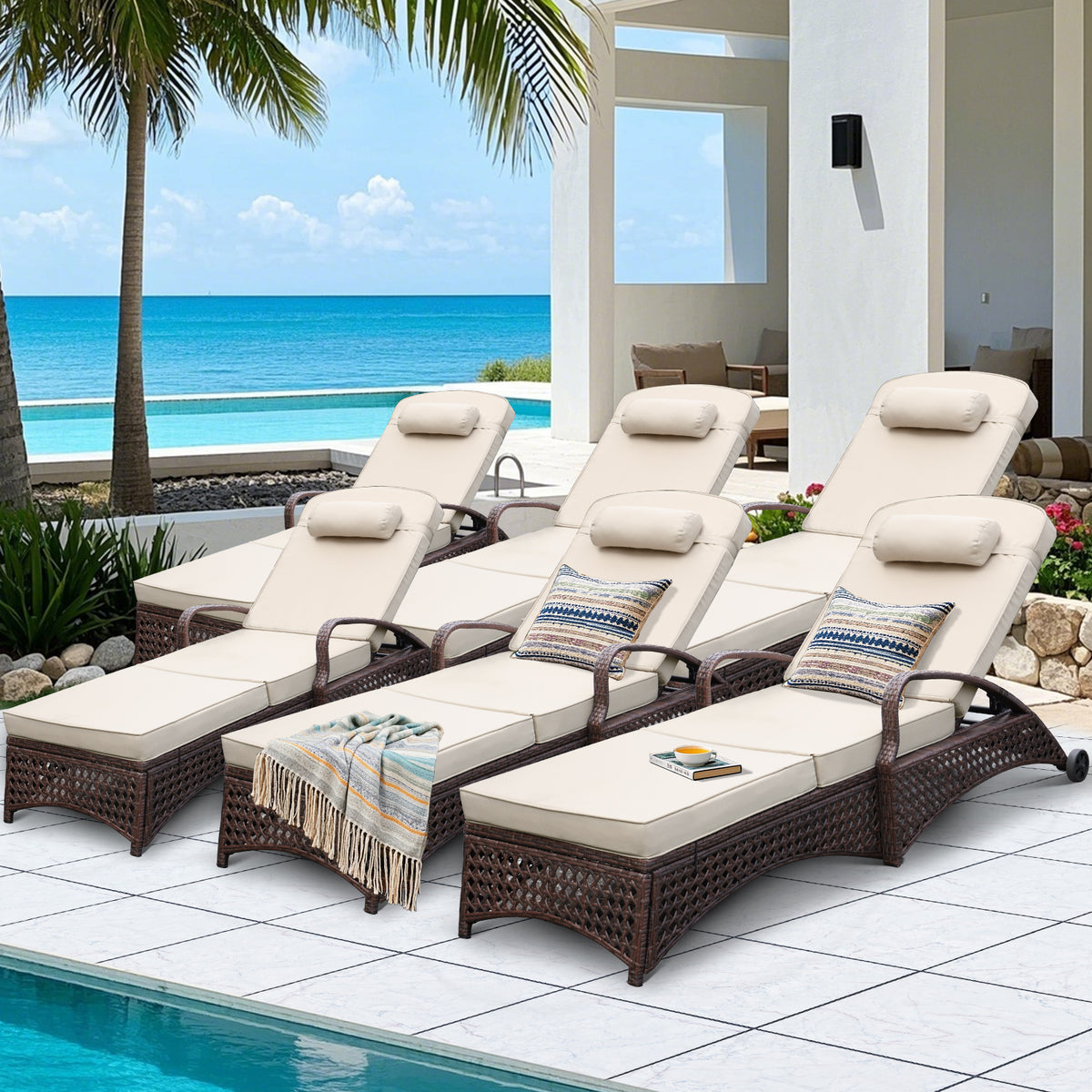 6 Pcs Patio Chaise Lounge Chairs w/ 6 Reclining Positions,Wheels & Small Pillow, Khaki Cushion
