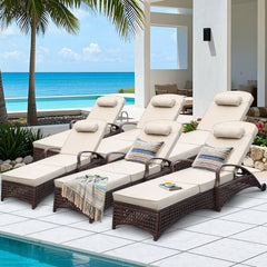 6 Pcs Patio Chaise Lounge Chairs w/ 6 Reclining Positions,Wheels & Small Pillow, Khaki Cushion