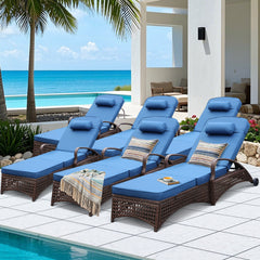 8 Pcs Patio Chaise Lounge Chairs w/ 6 Reclining Positions, Wheels & Small Pillow, Blue Cushion