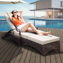 2 Pcs Patio Chaise Lounge Chairs w/ 6 Reclining Positions, 2 Wheels & 1 Small Pillow, Khaki Cushion