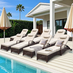 8 Pcs Patio Chaise Lounge Chairs w/ 6 Reclining Positions,Wheels & Small Pillow, Khaki Cushion