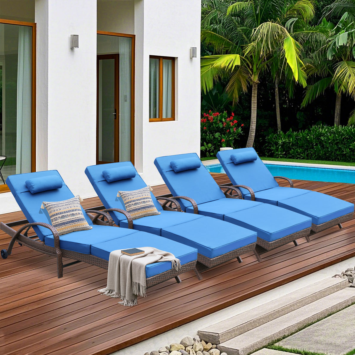 4 Pcs Patio Chaise Lounge Chairs Poolside Lounger w/ 6 Reclining Positions & Wheels, Blue Cushion
