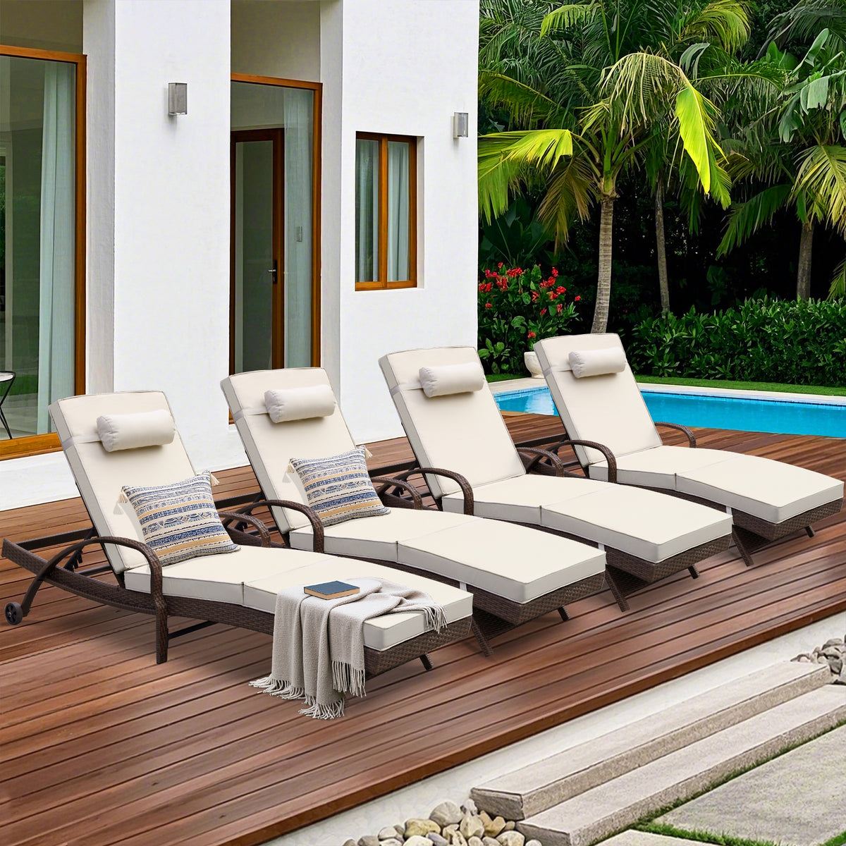 4 Pcs Patio Chaise Lounge Chairs Poolside Lounger w/ 6 Reclining Positions & Wheels, Khaki Cushion